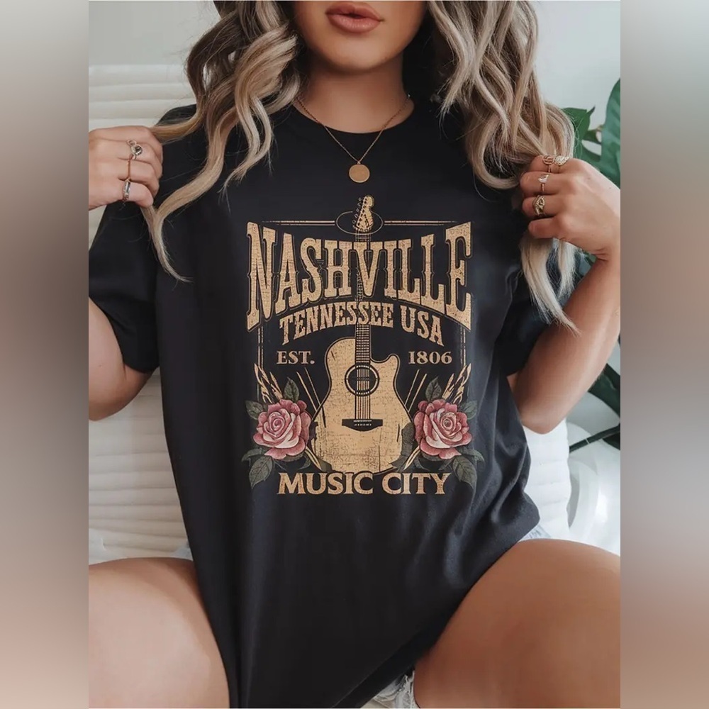 SHEIN Nashville Black Vintage Wash Floral Guitar Graphic T-shirt size 5XL